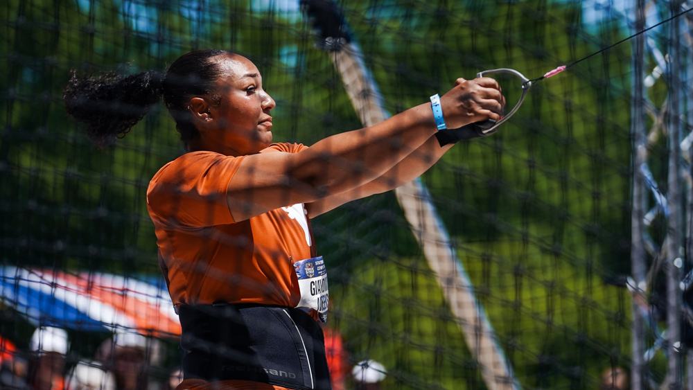 Giavonna Meeks in Texas orange swinging the hammer at the 2026 SEC Outdoor Championships